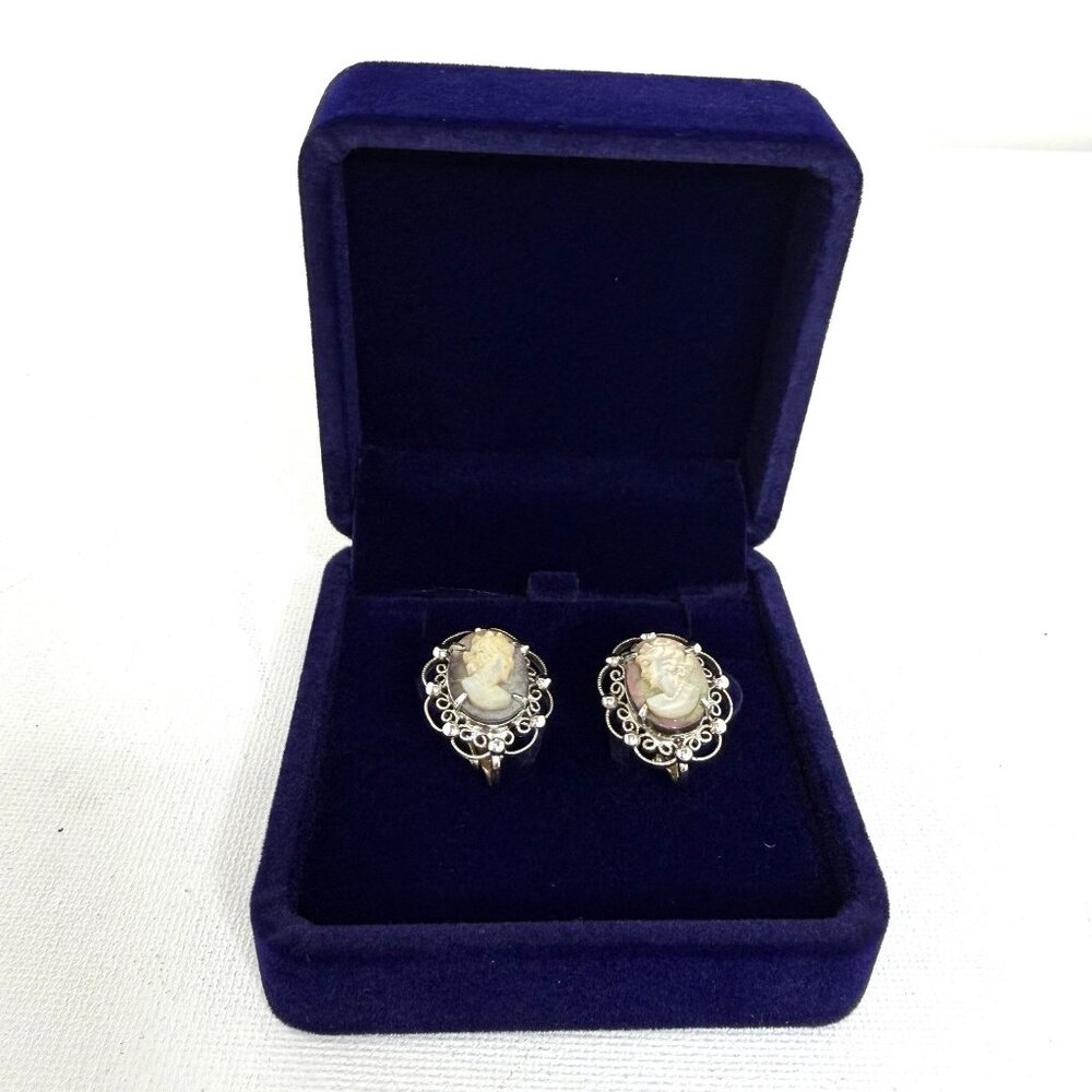 Vintage Cameo Clip-On Earrings Sterling Silver Filigree Frame Mother of Pearl